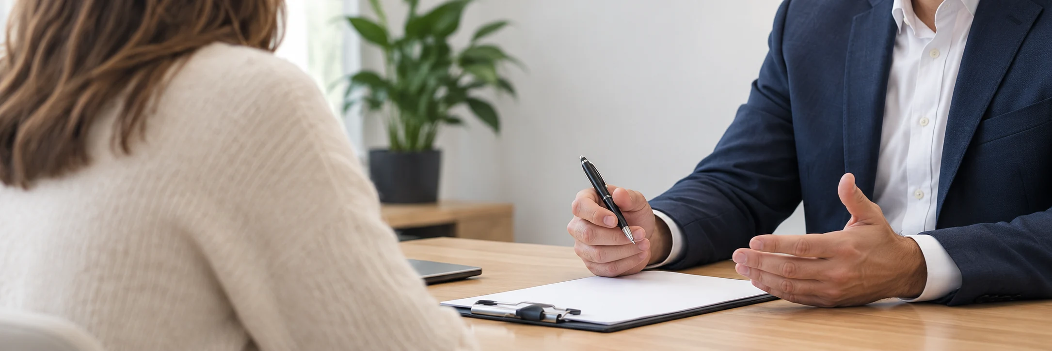 Un conseiller et une cliente échangent autour de documents à une table