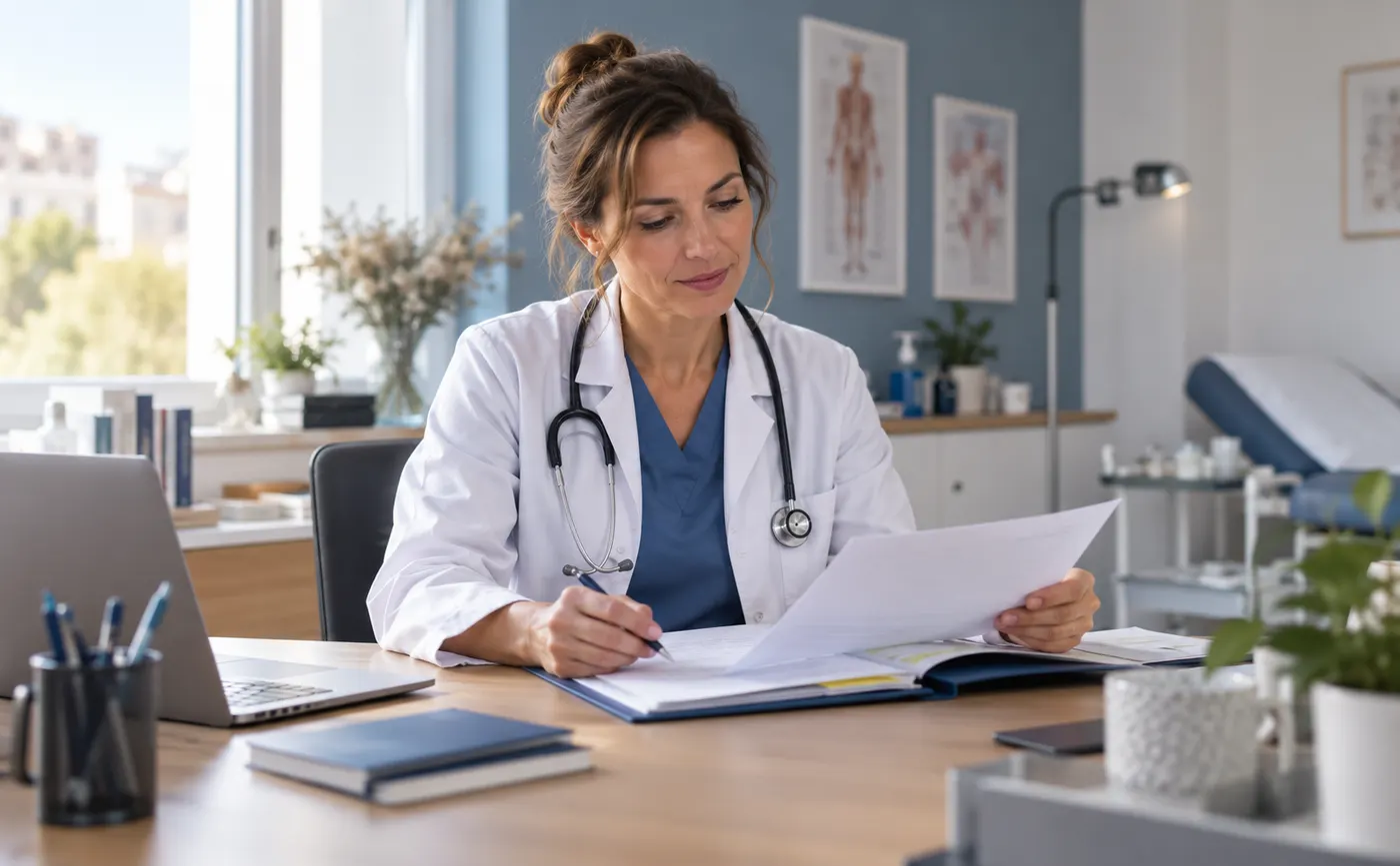 Professionnelle de santé examinant un dossier dans son cabinet