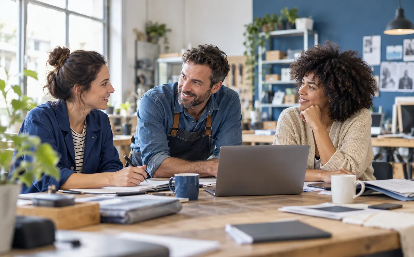 Équipe échangeant autour d’une table de travail